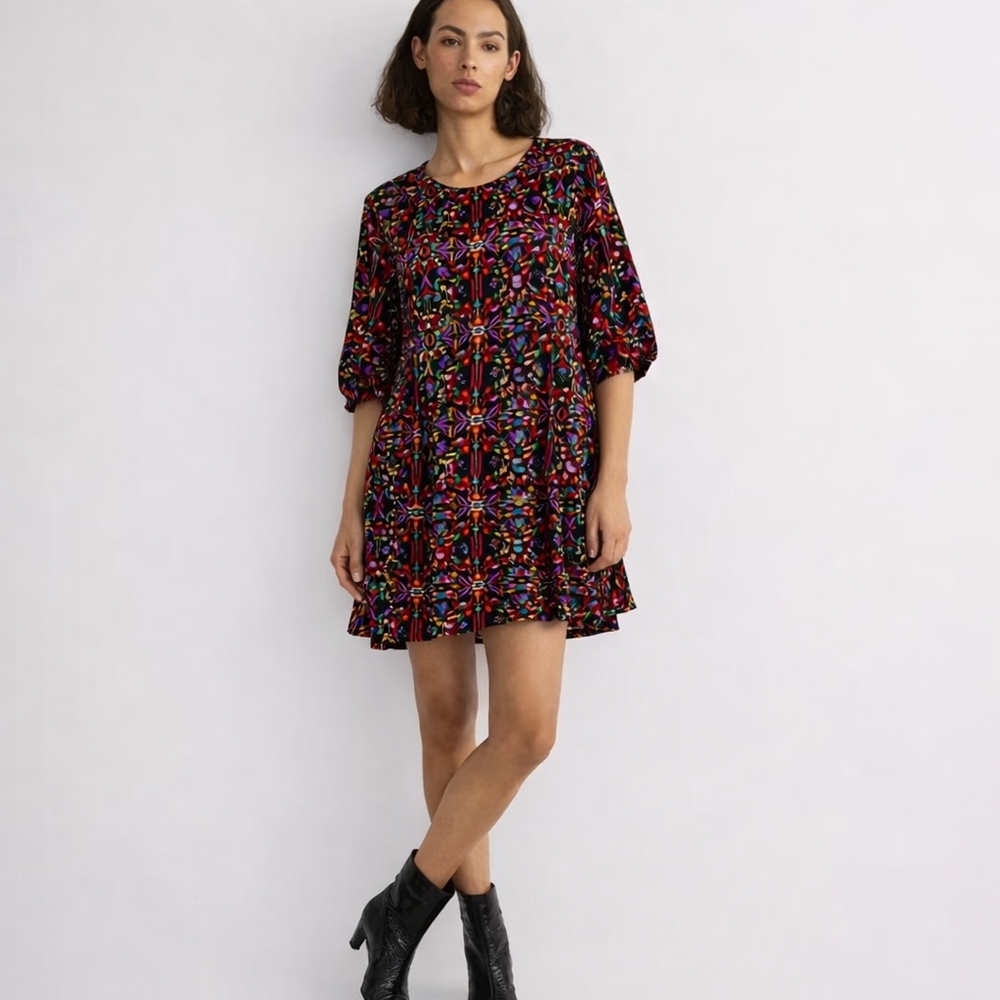 Everly Floral Babydoll Dress S Black Multicolor Balloon Sleeve Boho Mini Flowy